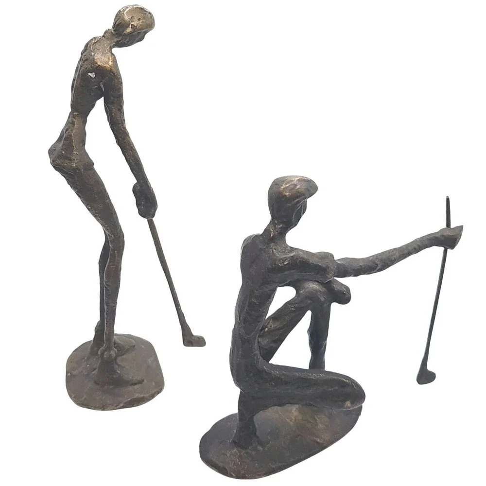 Vintage Pier 1 Pair of Metal Golfer‎ Statues - Male And Female Forms